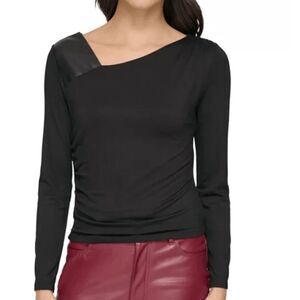 DKNY Women's Black Mixed-Media Asymmetrical-Neck Top L